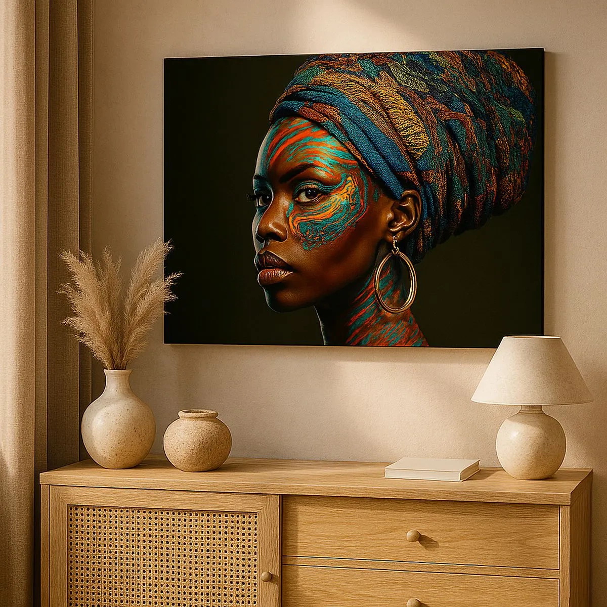 Impression sur toile - Image sur toile - Portrait d'une femme avec un motif coloré et un turban - 70x50cm - reine africaine - Décoration murale moderne pour le salon et la chambre ARTTOR