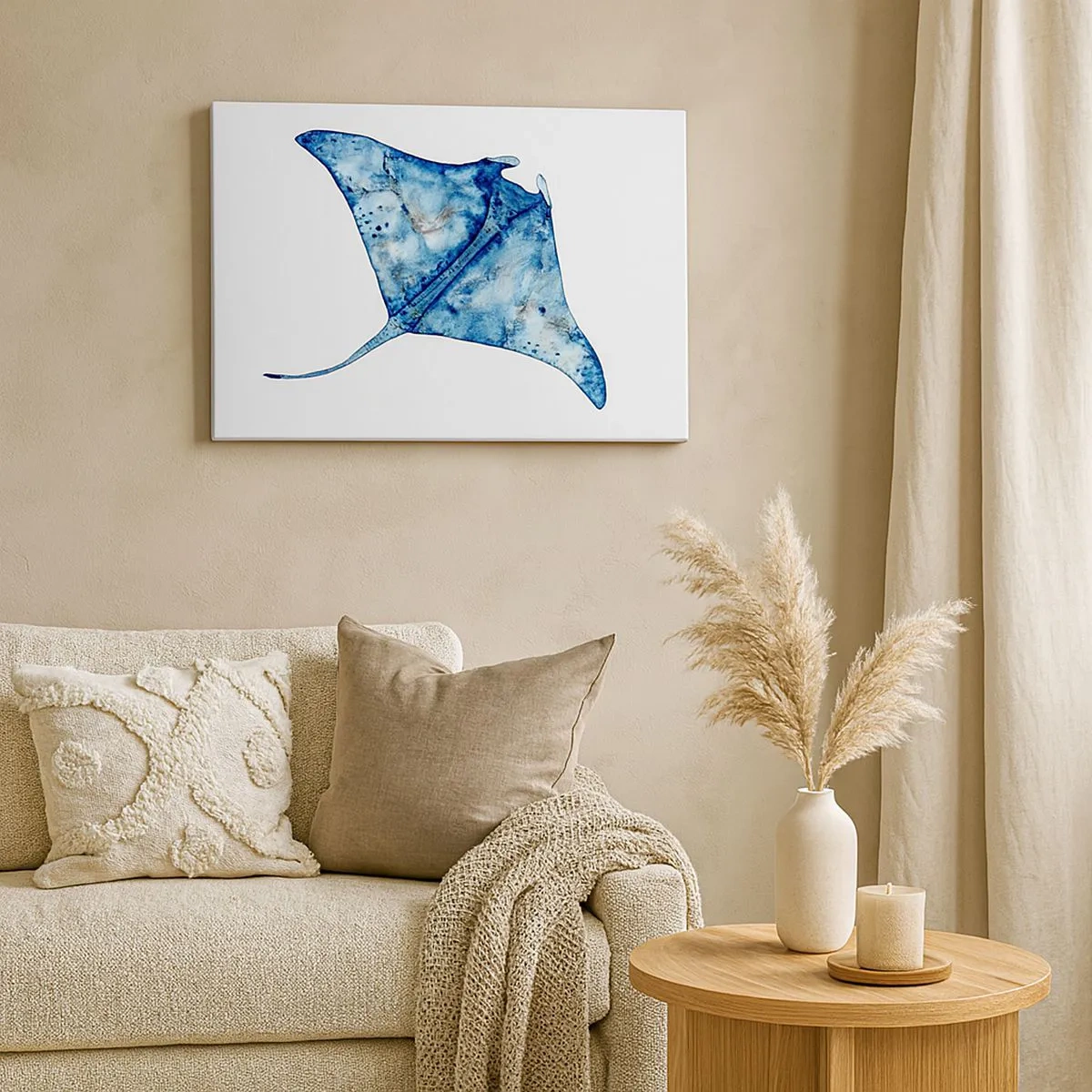 Impression sur toile - Image sur toile - Raie bleue à l'aquarelle sur fond blanc - 70x50cm - La vie en bleu - Décoration murale moderne pour le salon et la chambre ARTTOR