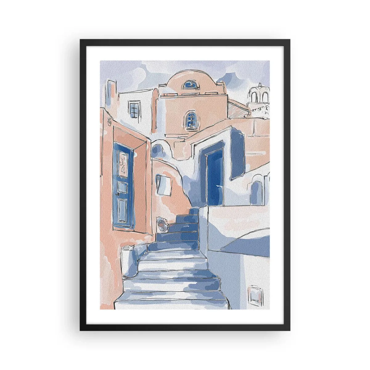 Affiche dans un cadre noir - Poster - Une rue pittoresque de style méditerranéen dans des tons de bleu - 50x70cm - Ville exotique - Décoration murale moderne pour le salon et la chambre ARTTOR