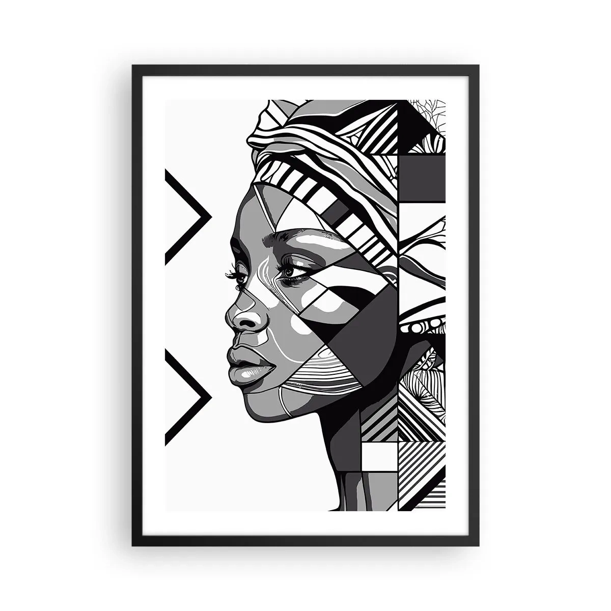 Affiche dans un cadre noir - Poster - Portrait géométrique d'une femme en noir et blanc - 50x70cm - Portrait ethnique - Décoration murale moderne pour le salon et la chambre ARTTOR