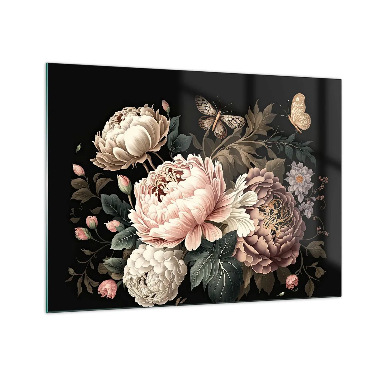 Impression sur verre - Image sur verre - Composition florale avec des papillons sur fond noir - 70x50cm - De style baroque - Décoration murale moderne pour le salon et la chambre ARTTOR