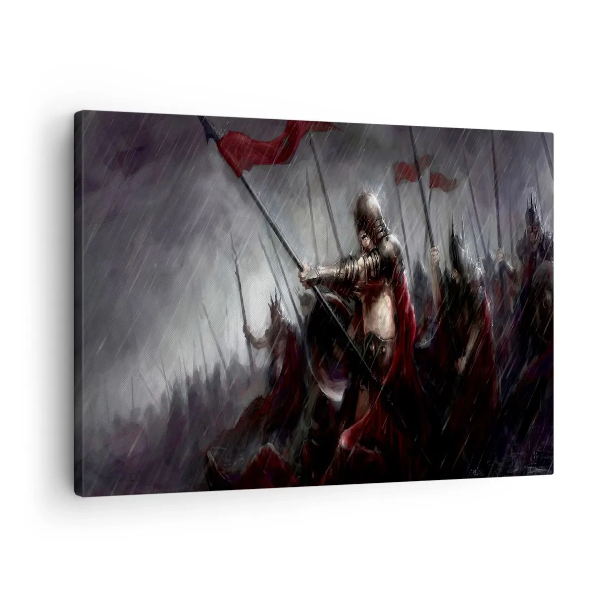 Impression sur toile - Image sur toile - Chevaliers marchant vers le champ de bataille sous la pluie - 70x50cm - Passant, dis à Sparte… - Décoration murale moderne pour le salon et la chambre ARTTOR