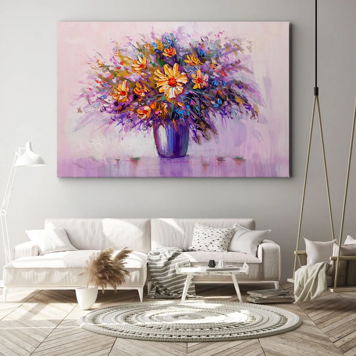 Impression sur toile - Image sur toile - Un bouquet de fleurs dans un vase sur fond pastel - 70x50cm - Ça sent bon, ça a l'air doux - Décoration murale moderne pour le salon et la chambre ARTTOR