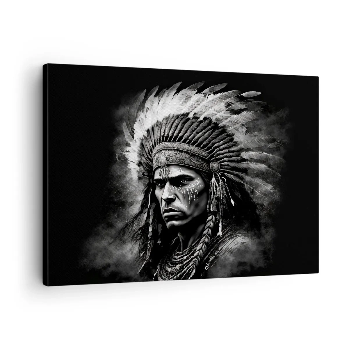 Impression sur toile - Image sur toile - Portrait d'un chef portant une coiffe à plumes sur fond noir - 70x50cm - Un leader et un guerrier - Décoration murale moderne pour le salon et la chambre ARTTOR
