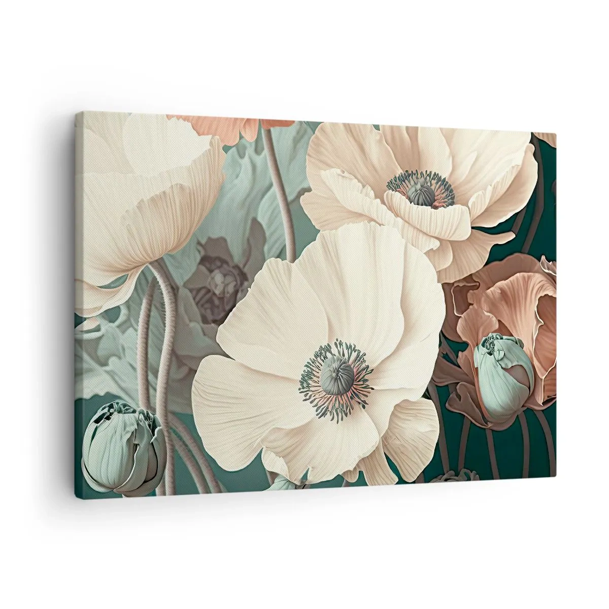 Impression sur toile - Image sur toile - Fleurs élégantes aux tons pastel sur fond vert - 70x50cm - Le murmure des coquelicots - Décoration murale moderne pour le salon et la chambre ARTTOR