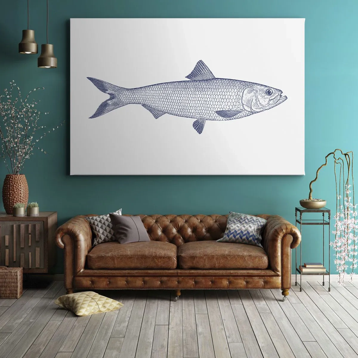Impression sur toile - Image sur toile - Illustration d'un poisson dans des tons de bleu sur fond clair - 70x50cm - Salutations des mers du nord - Décoration murale moderne pour le salon et la chambre ARTTOR