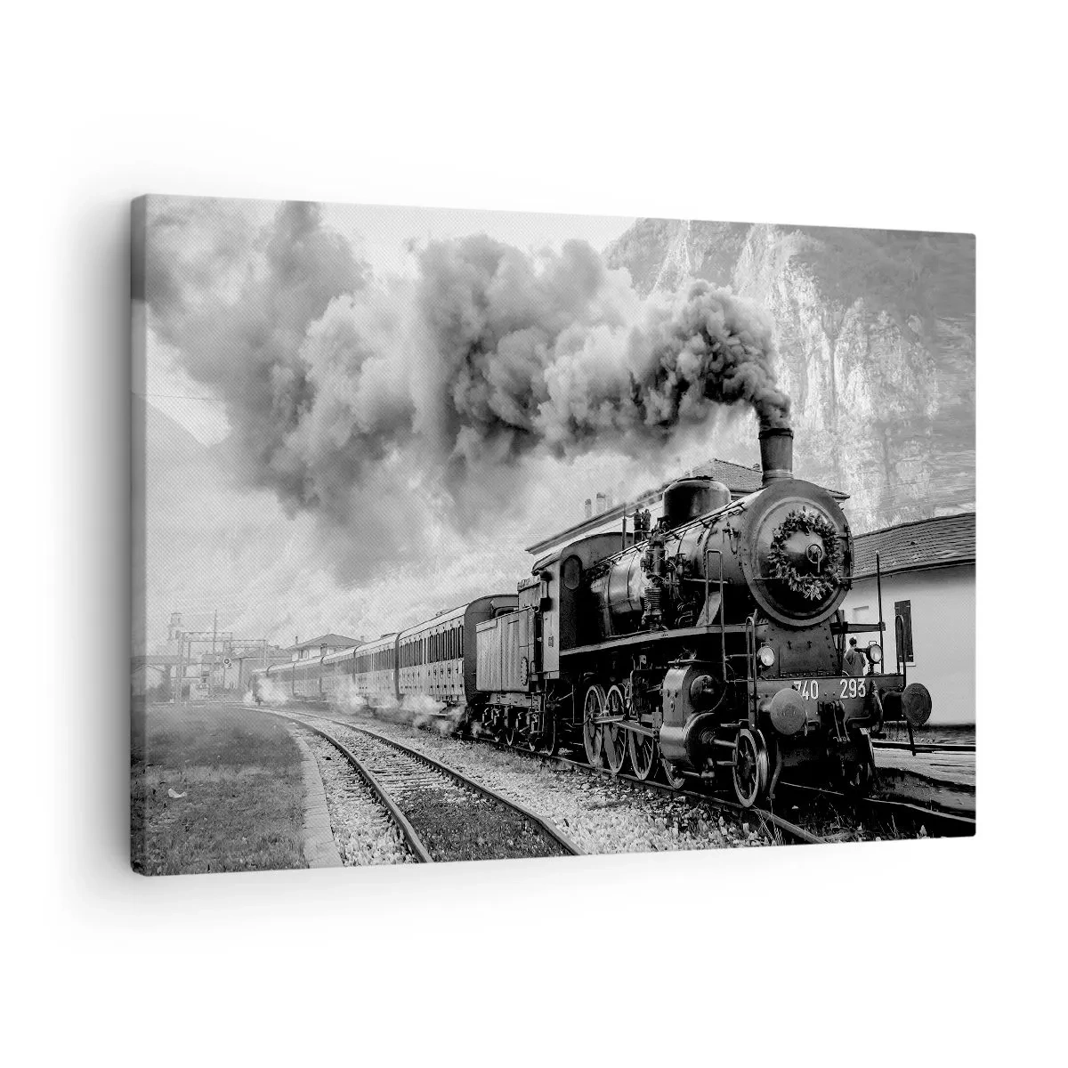 Impression sur toile - Image sur toile - Une locomotive à vapeur noire et blanche sur fond de paysage de montagne - 70x50cm - Attend à la gare... - Décoration murale moderne pour le salon et la chambre ARTTOR