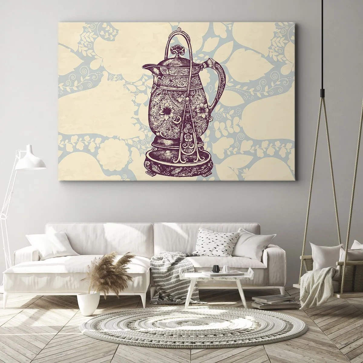 Impression sur toile - Image sur toile - Cruche stylisée avec ornements sur fond floral - 70x50cm - La beauté du quotidien - Décoration murale moderne pour le salon et la chambre ARTTOR