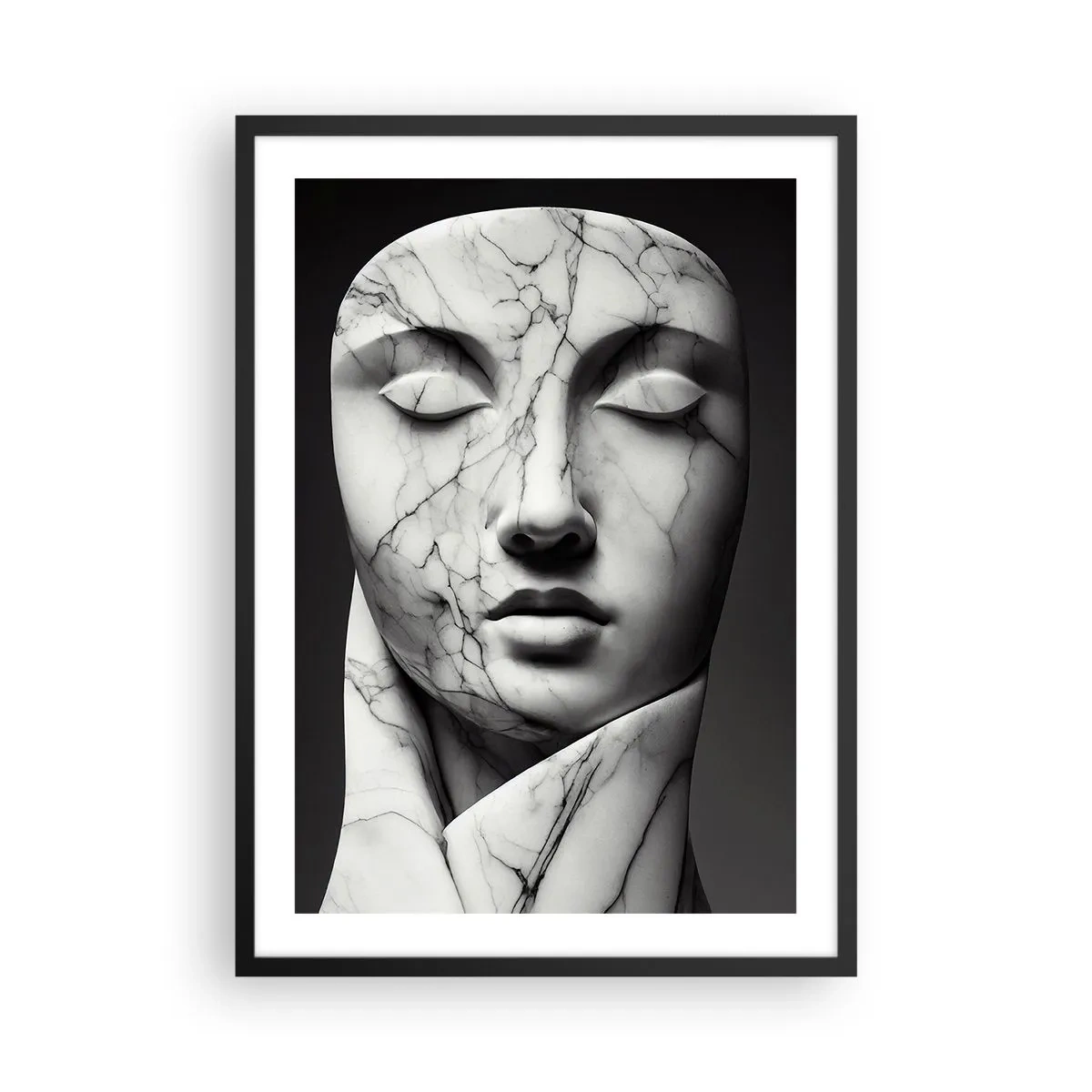 Affiche dans un cadre noir - Poster - Sculpture en marbre visage aux yeux fermés sur fond noir - 50x70cm - Marmurowe kształty - Décoration murale moderne pour le salon et la chambre ARTTOR