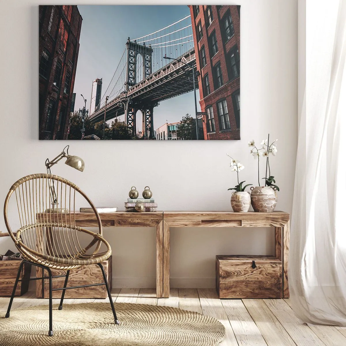 Impression sur toile - Image sur toile - Un pont entre les bâtiments dans un paysage urbain - 70x50cm - Sur les vagues de la ville - Décoration murale moderne pour le salon et la chambre ARTTOR