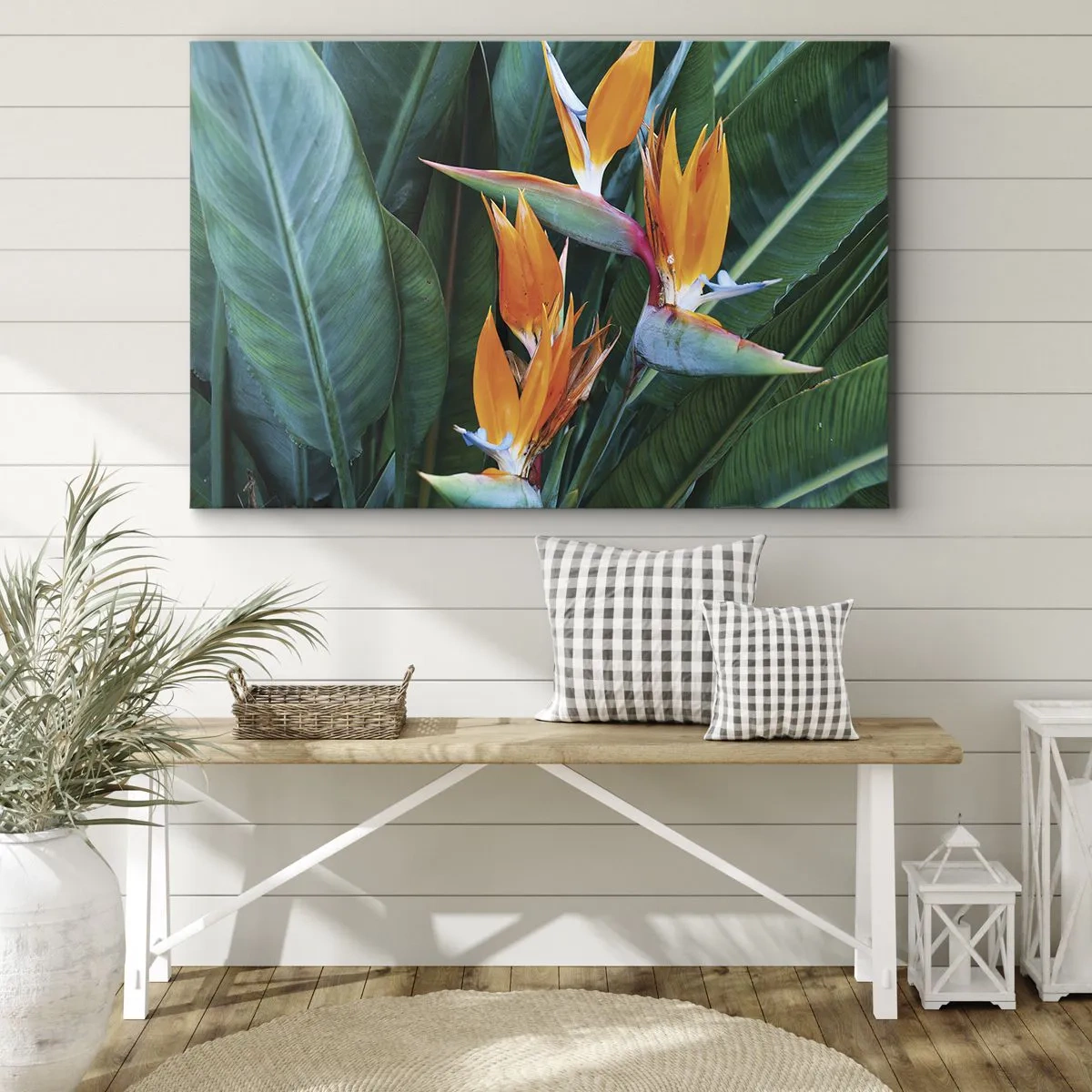 Impression sur toile - Image sur toile - Fleurs de strelitzia exotiques entourées de feuilles vertes - 70x50cm - Est-ce une fleur, est-ce un oiseaux? - Décoration murale moderne pour le salon et la chambre ARTTOR