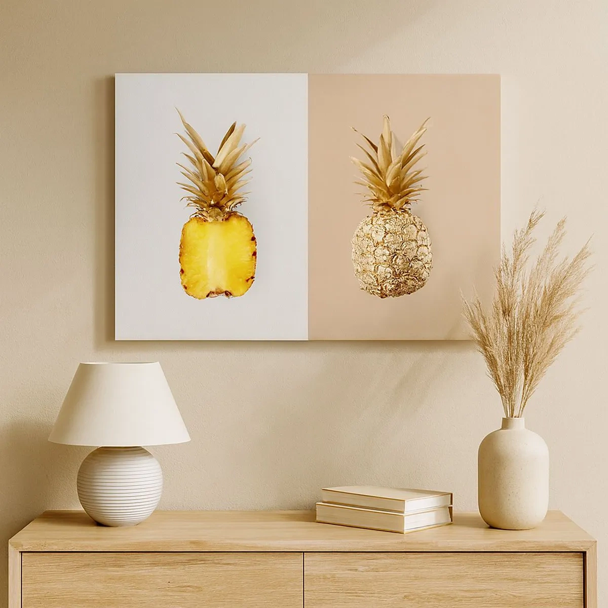 Impression sur toile - Image sur toile - La moitié d'un ananas frais et doré sur un fond contrasté - 70x50cm - Ananas pour nous - Décoration murale moderne pour le salon et la chambre ARTTOR