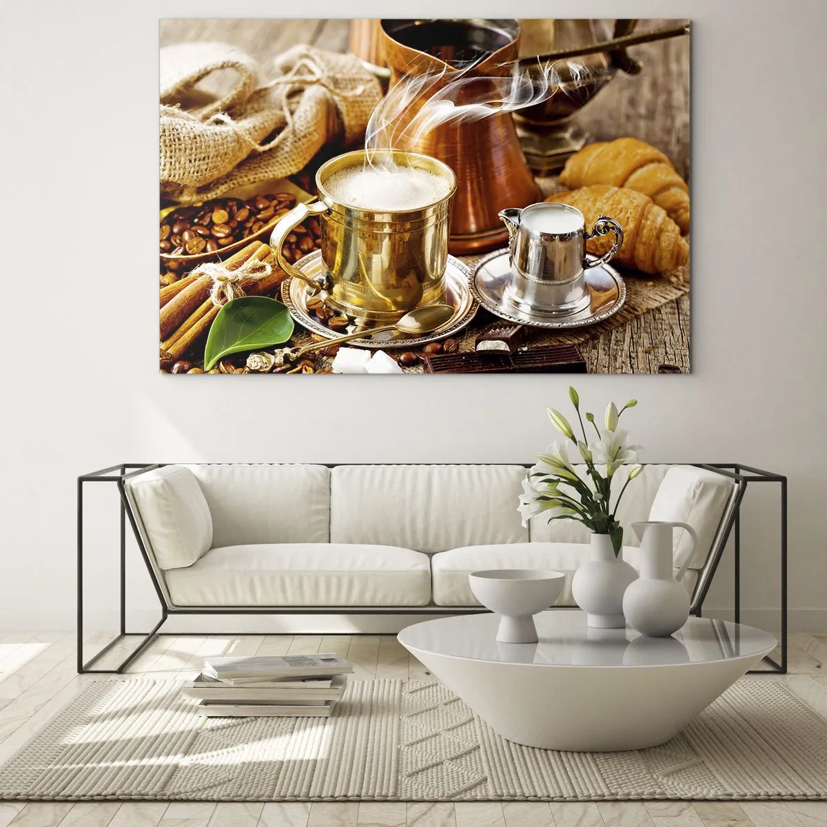 Impression sur verre - Image sur verre - Une tasse de café dorée avec du lait entourée de céréales et de croissants - 70x50cm - Bonne journée! - Décoration murale moderne pour le salon et la chambre ARTTOR