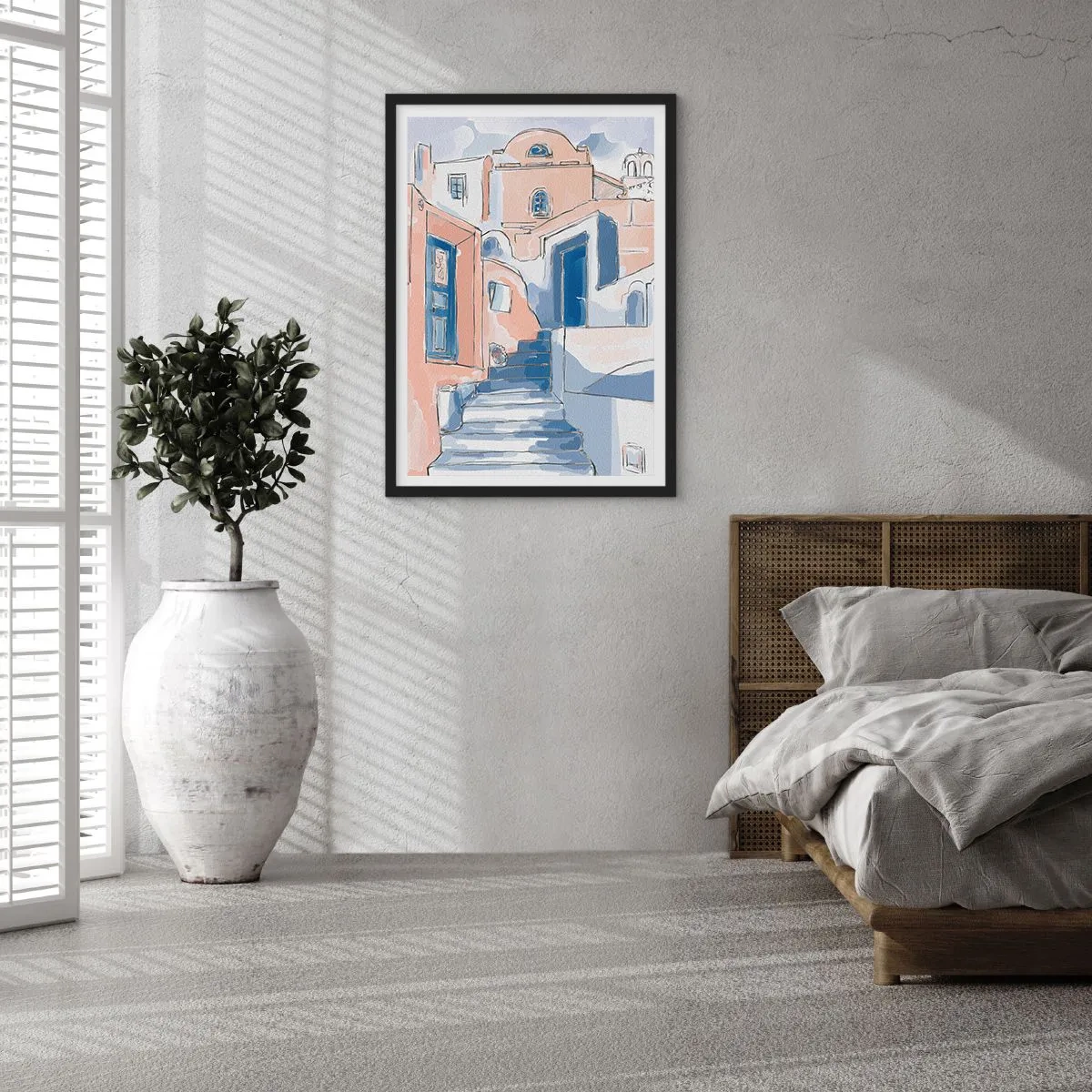 Affiche dans un cadre noir - Poster - Une rue pittoresque de style méditerranéen dans des tons de bleu - 50x70cm - Ville exotique - Décoration murale moderne pour le salon et la chambre ARTTOR