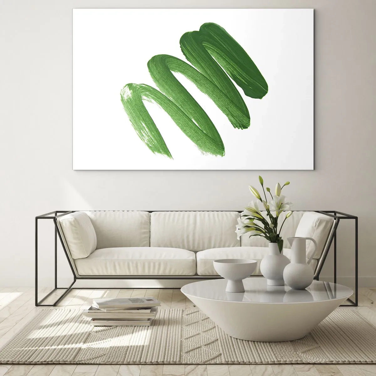 Impression sur verre - Image sur verre - Coup de pinceau vert dynamique sur fond blanc - 70x50cm - Blague verte - Décoration murale moderne pour le salon et la chambre ARTTOR