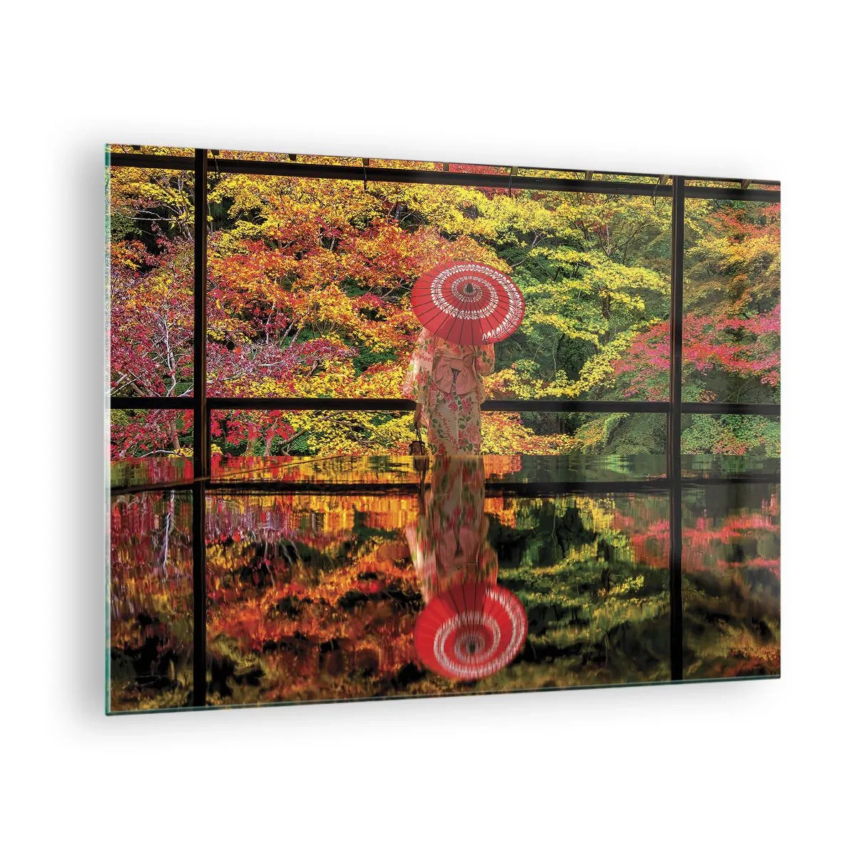 Impression sur verre - Image sur verre - Une femme en kimono avec un parapluie sur fond de paysage d'automne, reflété dans l'eau. - 70x50cm - Dans le temple de la nature - Décoration murale moderne pour le salon et la chambre ARTTOR