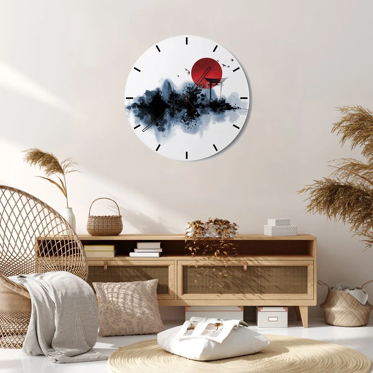 Horloge murale - Pendule murale - Une boule de soleil rouge et un torii de style japonais au-dessus de l'eau - 30x30cm - Vue japonnaise - Décoration murale moderne pour le salon, la cuisine et la chambre ARTTOR