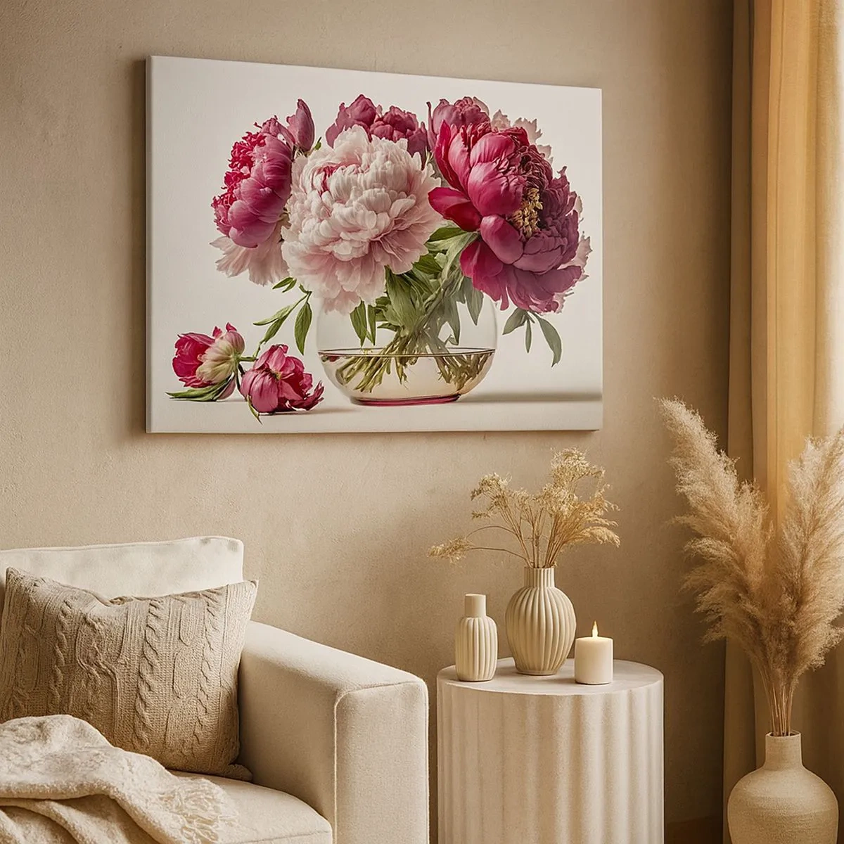 Impression sur toile - Image sur toile - Un bouquet de pivoines dans les tons de rose et de rouge - 70x50cm - En pleine floraison de beauté - Décoration murale moderne pour le salon et la chambre ARTTOR