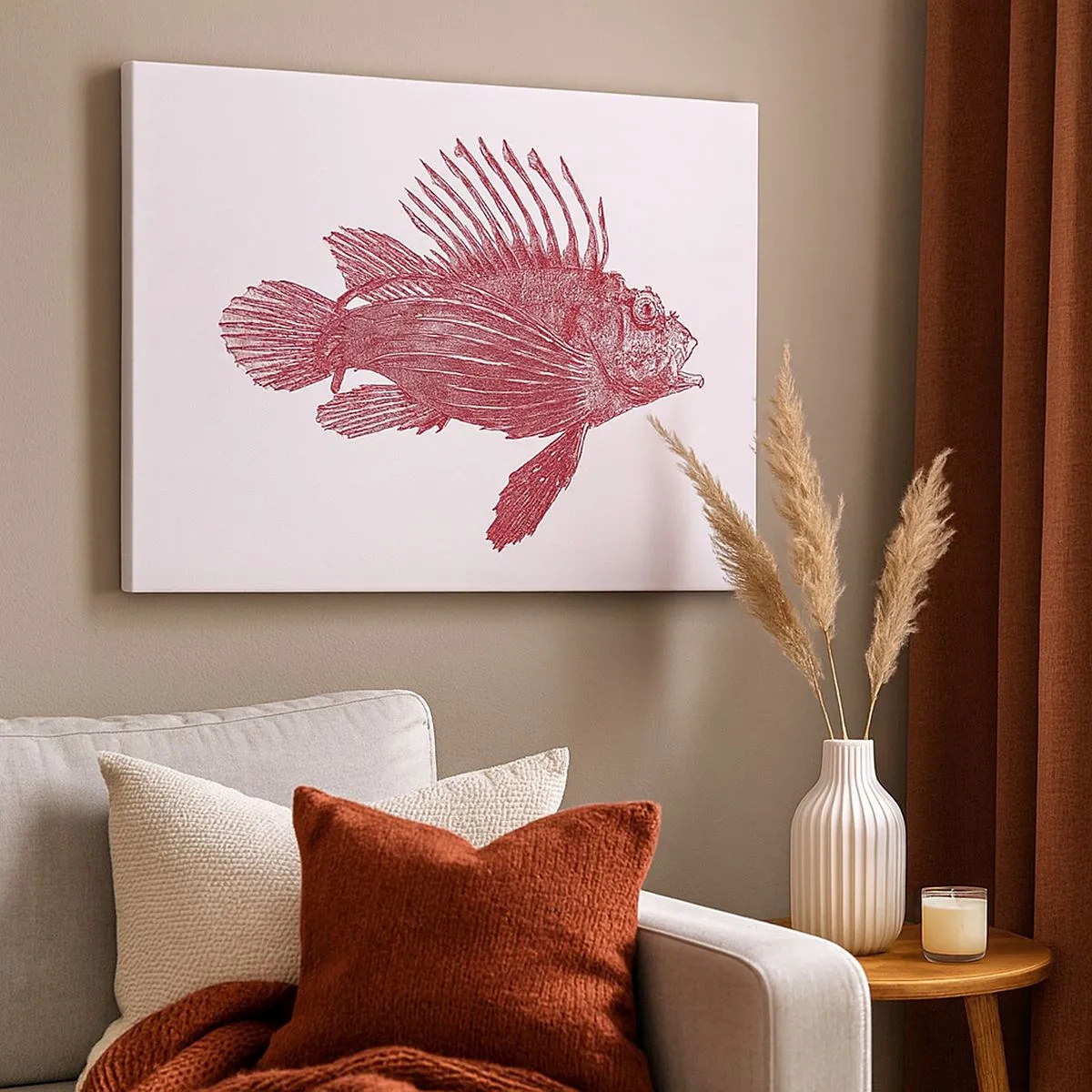 Impression sur toile - Image sur toile - Dessin d'un poisson dans une teinte rouge - 70x50cm - Un habitant des eaux exotiques - Décoration murale moderne pour le salon et la chambre ARTTOR