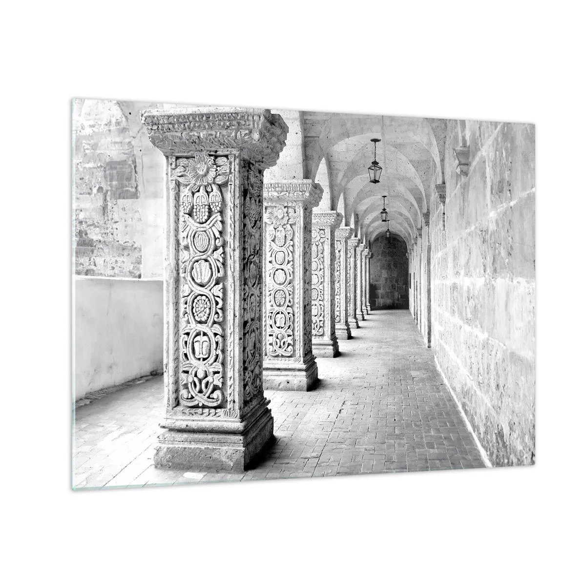 Impression sur verre - Image sur verre - Cloître historique avec colonnes sculptées - 70x50cm - Où cela mène-t-il…? - Décoration murale moderne pour le salon et la chambre ARTTOR