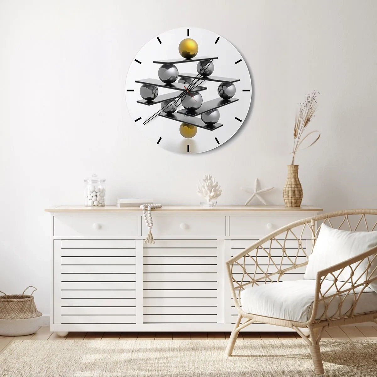 Horloge murale - Pendule murale - Une composition moderne de boules d'or et d'argent sur fond blanc - 30x30cm - Balance d'or et d'argent - Décoration murale moderne pour le salon, la cuisine et la chambre ARTTOR