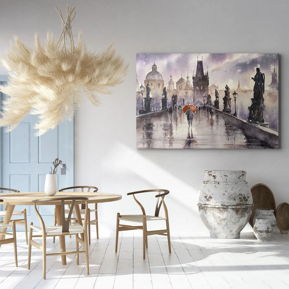 Impression sur toile - Image sur toile - Vue romantique d'un pont avec un parapluie sur fond de ville en soirée - 70x50cm - Les gens ne changent pas - Décoration murale moderne pour le salon et la chambre ARTTOR