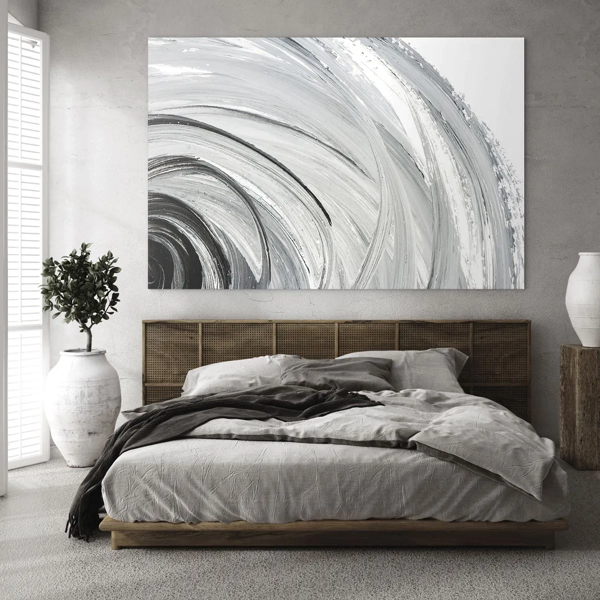 Impression sur verre - Image sur verre - Une spirale noire et blanche avec des coups de pinceau dynamiques. - 70x50cm - Composition orbitale - Décoration murale moderne pour le salon et la chambre ARTTOR