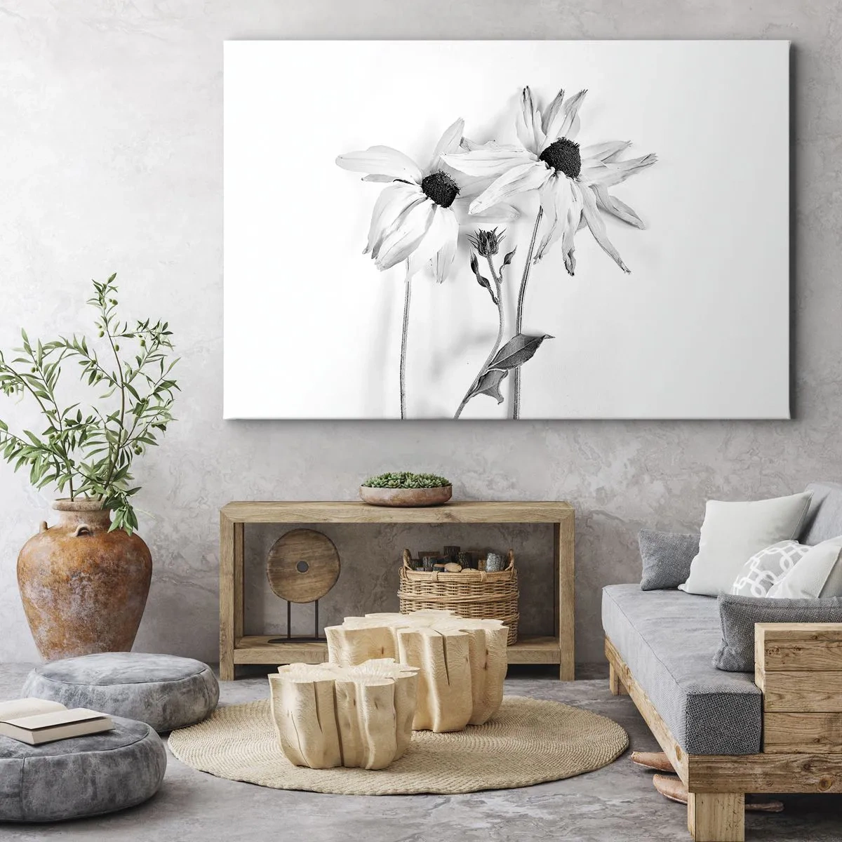 Impression sur toile - Image sur toile - Fleurs noires et blanches avec une composition subtile - 70x50cm - Personne ne souhaite être seul - Décoration murale moderne pour le salon et la chambre ARTTOR