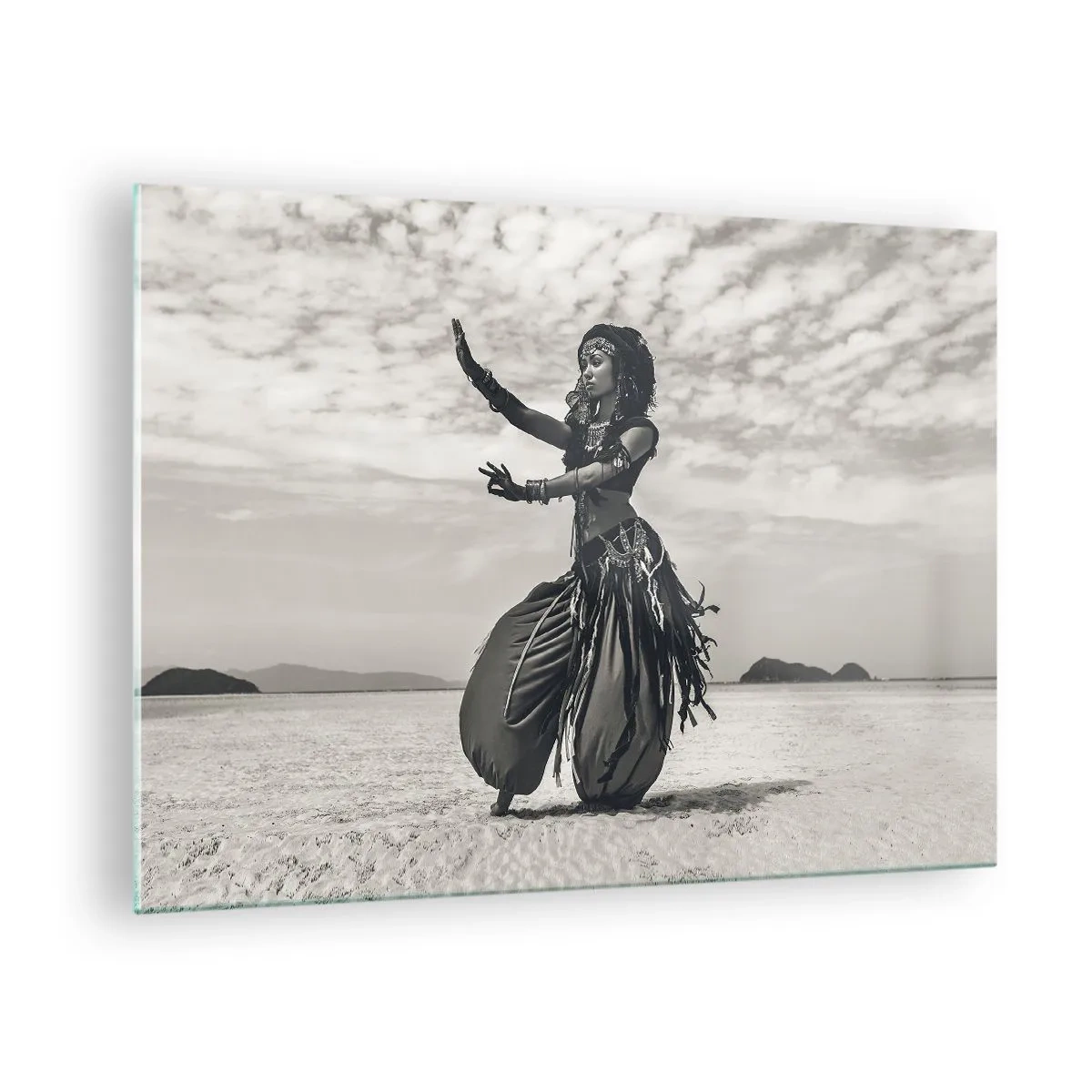Impression sur verre - Image sur verre - Photographie en noir et blanc d'une danseuse dans le désert - 70x50cm - Danse des îles du sud - Décoration murale moderne pour le salon et la chambre ARTTOR