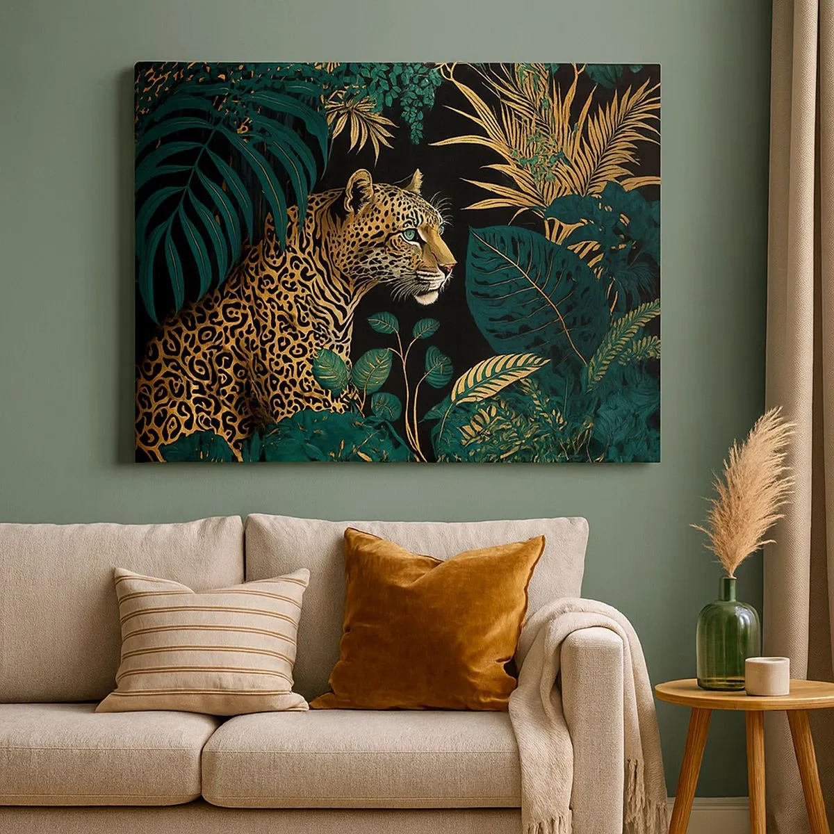 Impression sur toile - Image sur toile - Léopard dans des feuilles tropicales sur fond noir - 70x50cm - Un hôte dans la jungle - Décoration murale moderne pour le salon et la chambre ARTTOR