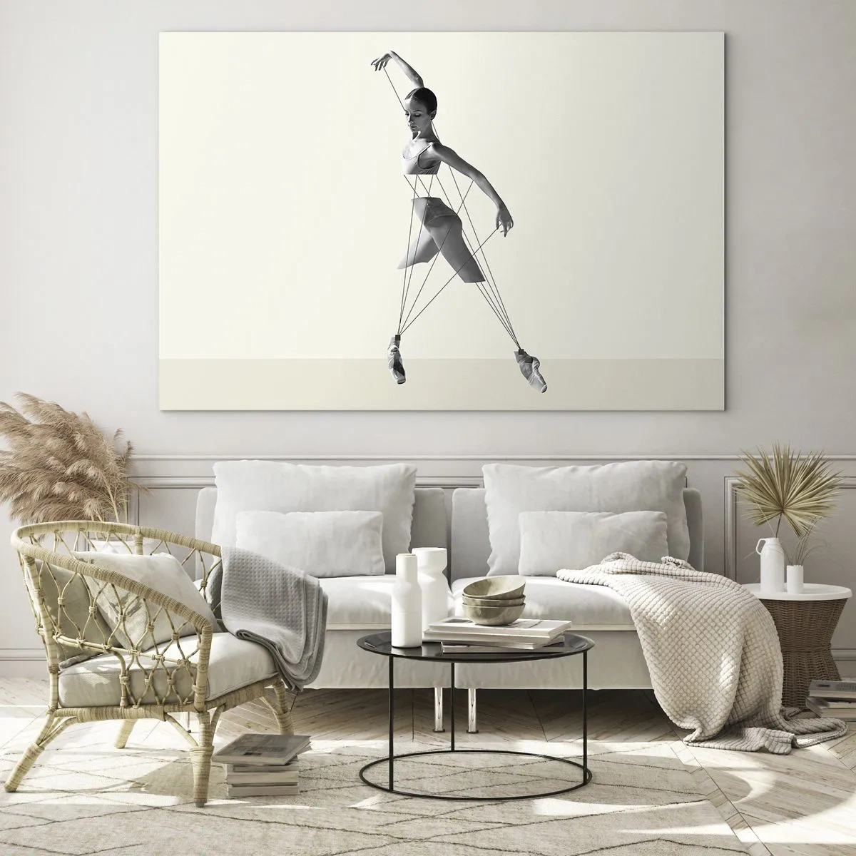 Impression sur verre - Image sur verre - Silhouette noire et blanche d'une ballerine avec un motif de lignes géométriques - 70x50cm - Dans le théatre de la vie - Décoration murale moderne pour le salon et la chambre ARTTOR