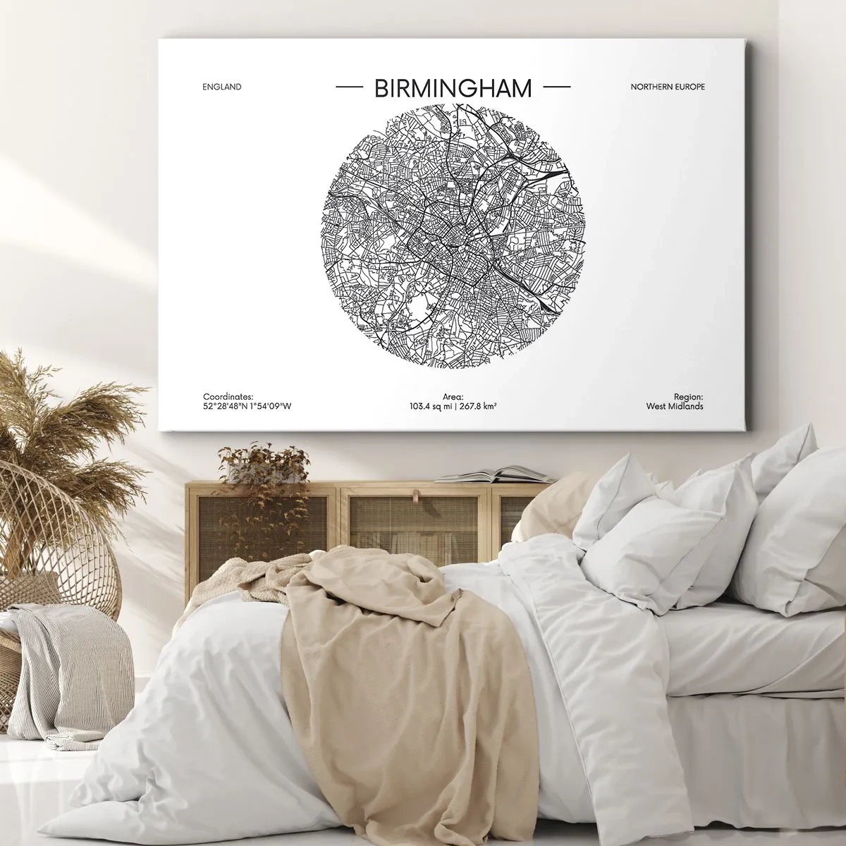 Impression sur toile - Image sur toile - Une carte minimaliste en noir et blanc de Birmingham avec des détails précis. - 70x50cm - Anatomie de Birmingham - Décoration murale moderne pour le salon et la chambre ARTTOR