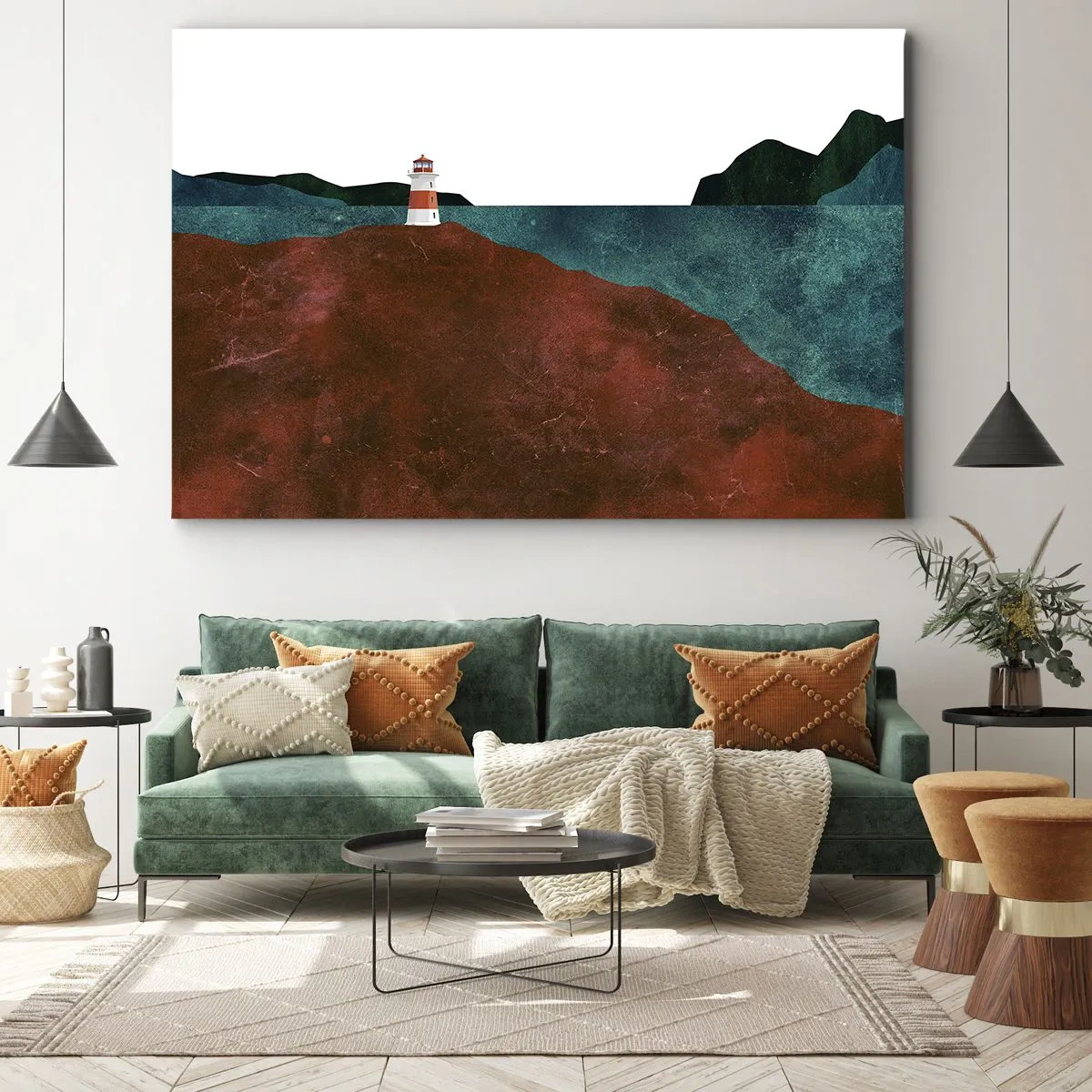 Impression sur toile - Image sur toile - Un phare avec en toile de fond les montagnes et la mer - 70x50cm - En regardant la mer - Décoration murale moderne pour le salon et la chambre ARTTOR