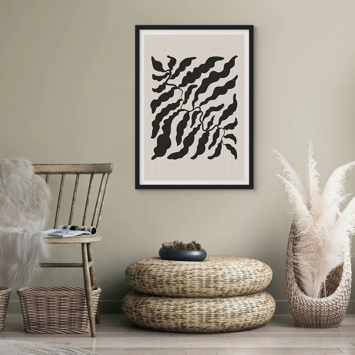 Affiche dans un cadre noir - Poster - Composition végétale abstraite en noir sur fond beige - 50x70cm - La nature du carré - Décoration murale moderne pour le salon et la chambre ARTTOR