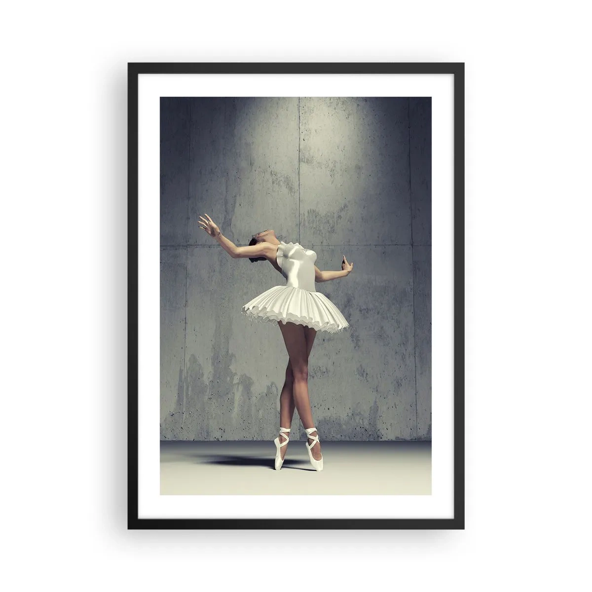 Affiche dans un cadre noir - Poster - Une ballerine en robe blanche sur fond de mur en béton brut. - 50x70cm - Léger comme un oiseau - Décoration murale moderne pour le salon et la chambre ARTTOR