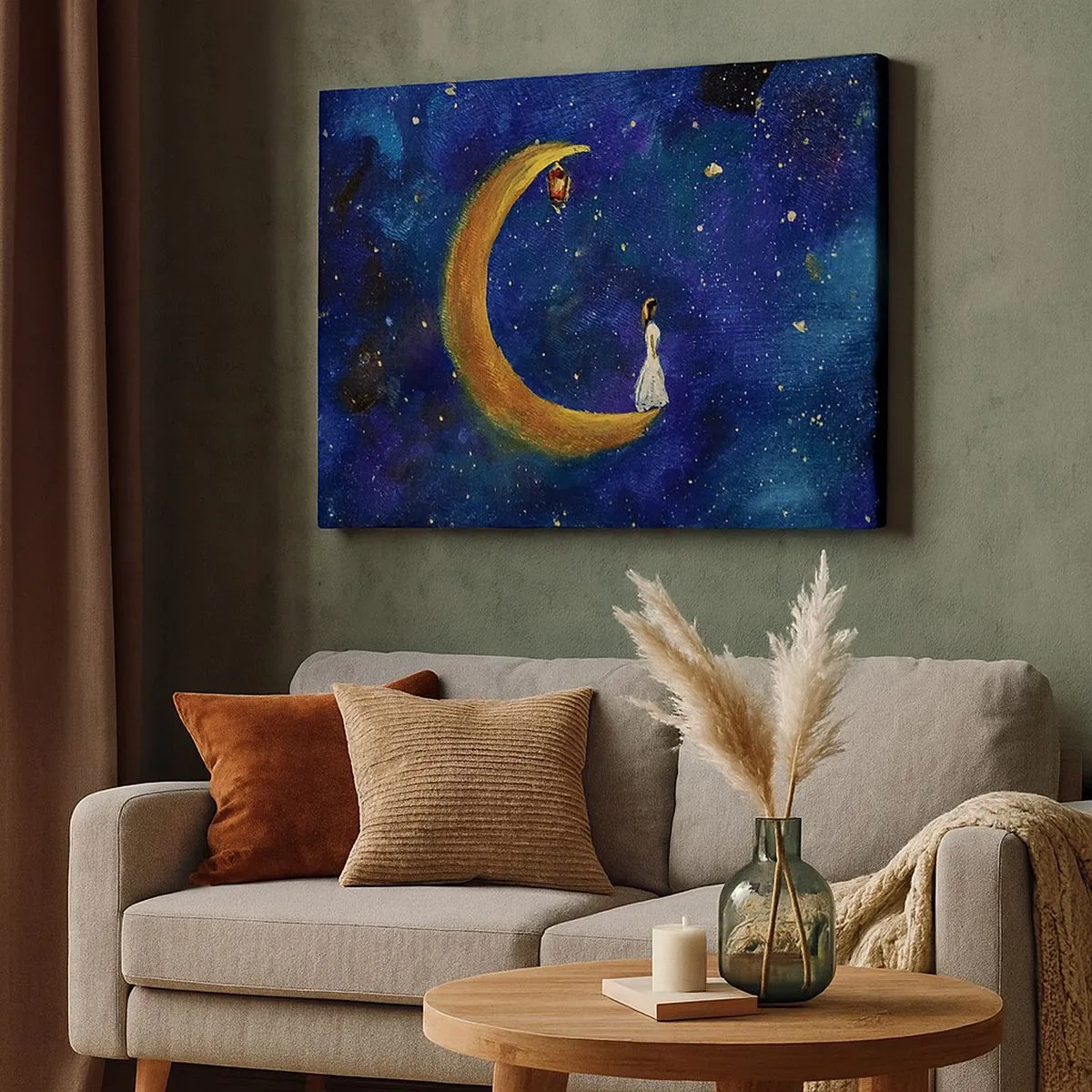 Impression sur toile - Image sur toile - Une fille debout sur la lune dans un ciel étoilé - 70x50cm - Appel du monde - Décoration murale moderne pour le salon et la chambre ARTTOR