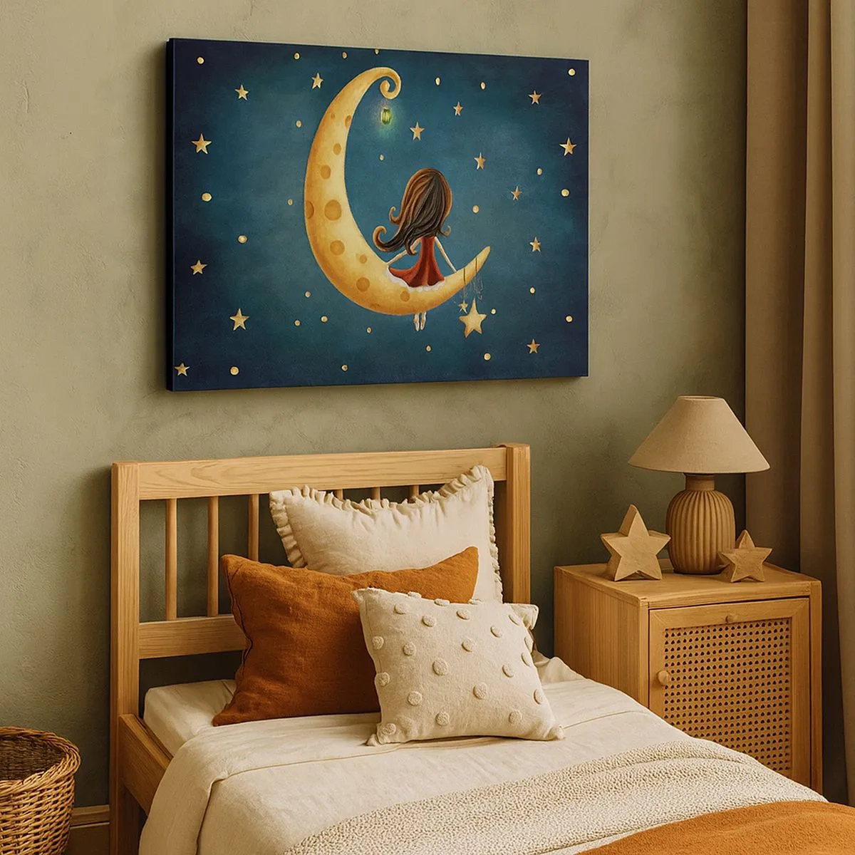 Impression sur toile - Image sur toile - Une fille sur la lune entourée d'étoiles - 70x50cm - Il était une fois... - Décoration murale moderne pour le salon et la chambre ARTTOR