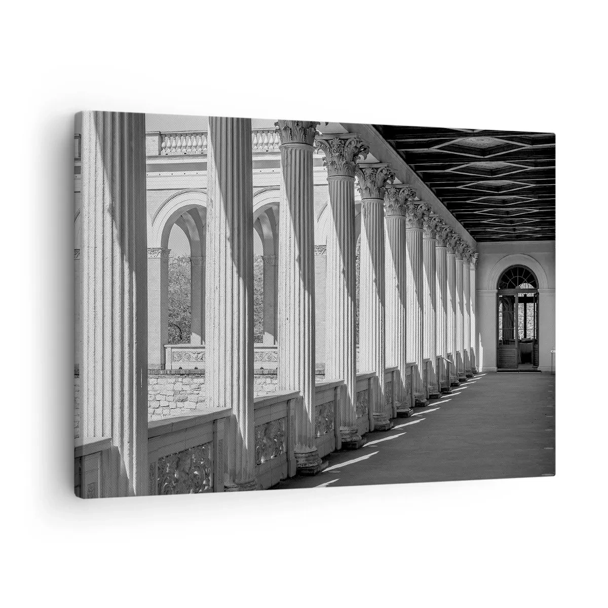 Impression sur toile - Image sur toile - Colonnade de style classique en noir et blanc - 70x50cm - Arcade ensoleillée - Décoration murale moderne pour le salon et la chambre ARTTOR