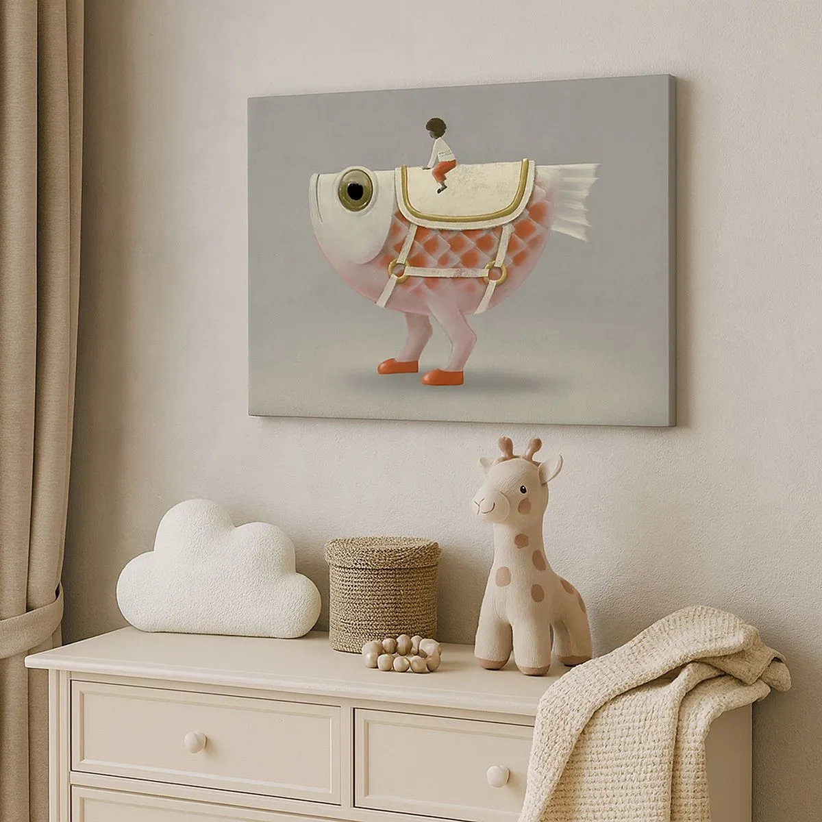 Impression sur toile - Image sur toile - Un cavalier de poisson fantaisie avec des jambes et une selle - 70x50cm - Le cavalier poisson - Décoration murale moderne pour le salon et la chambre ARTTOR