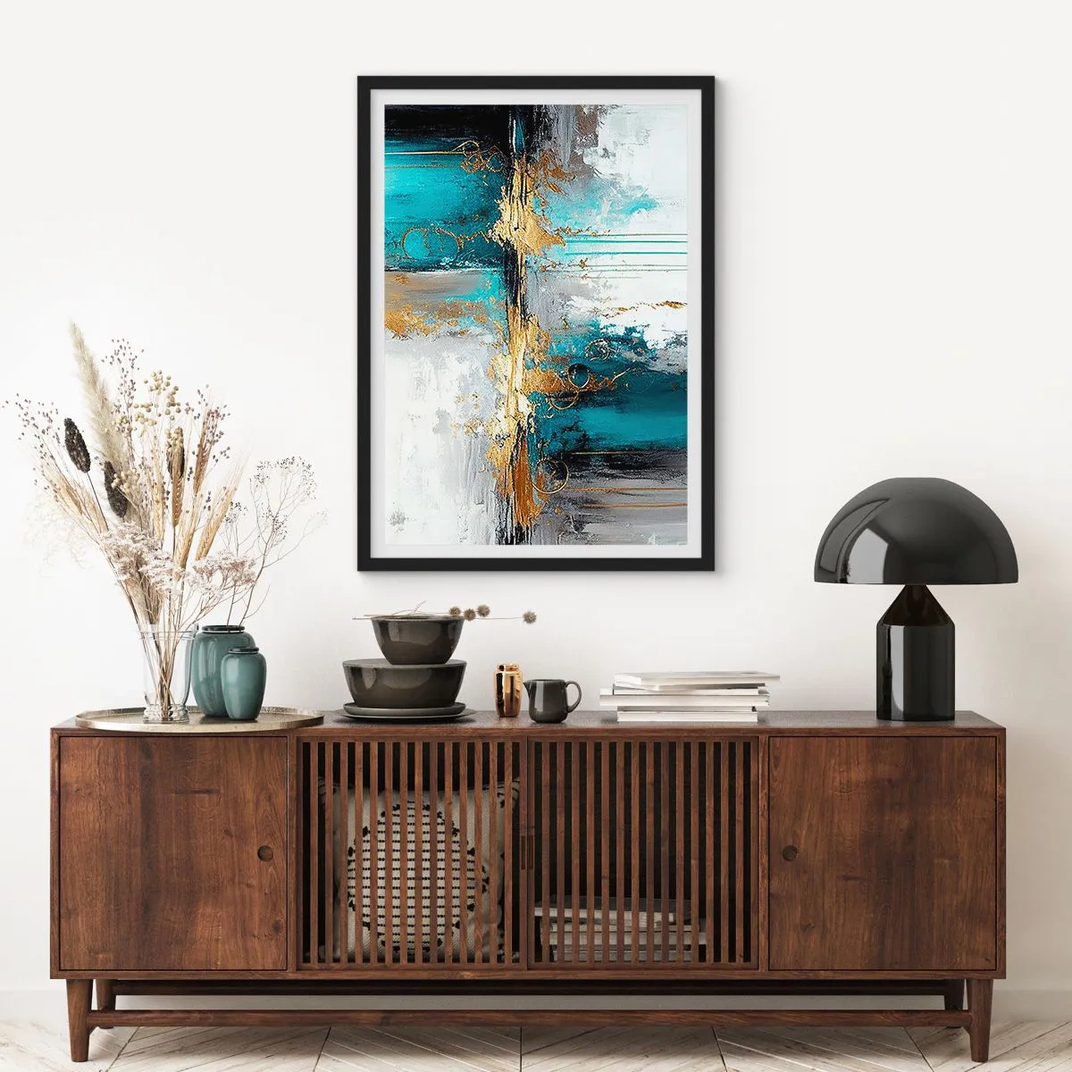 Affiche dans un cadre noir - Poster - Une composition abstraite dans des tons turquoise et or. - 50x70cm - Tout coule - Décoration murale moderne pour le salon et la chambre ARTTOR