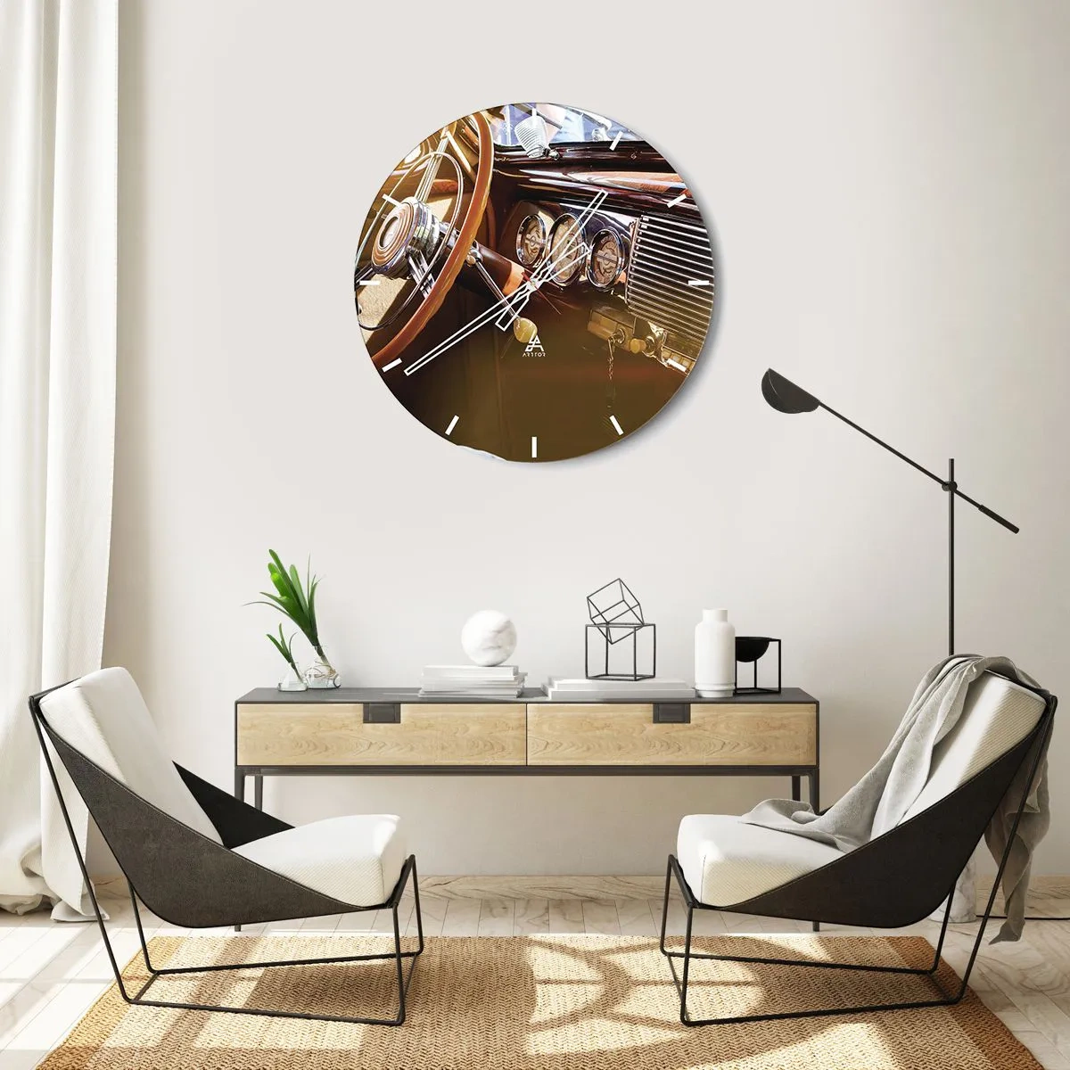 Horloge murale - Pendule murale - Intérieur de voiture classique avec garniture en bois - 30x30cm - Souffle de luxe venu du passé - Décoration murale moderne pour le salon, la cuisine et la chambre ARTTOR