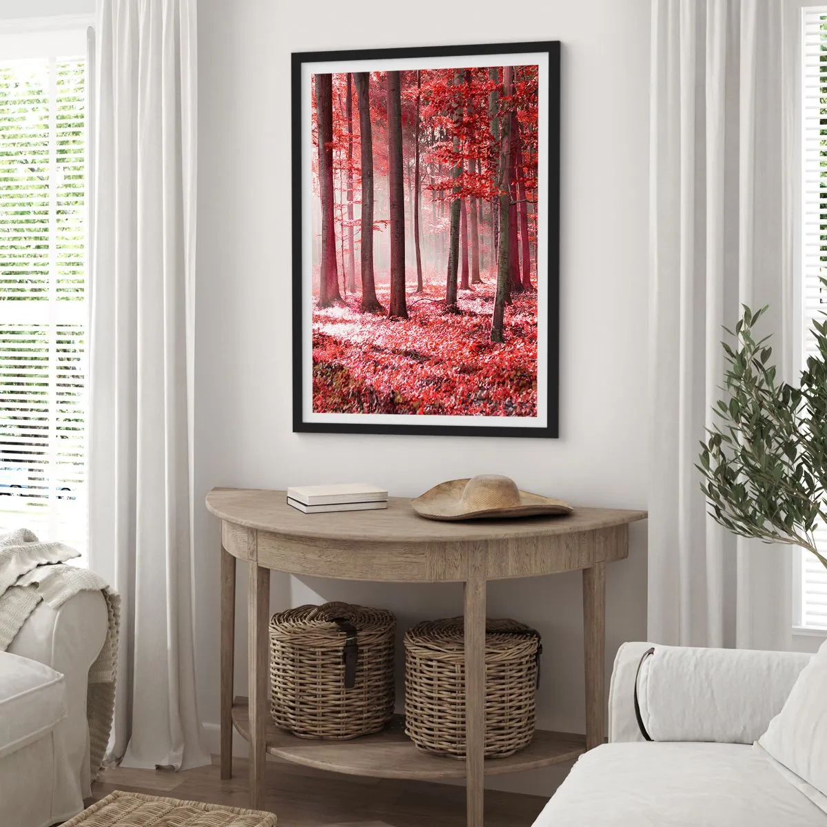 Affiche dans un cadre noir - Poster - Une forêt avec des feuilles rouges et du brouillard le matin - 50x70cm - Le rouge est tout aussi beau - Décoration murale moderne pour le salon et la chambre ARTTOR