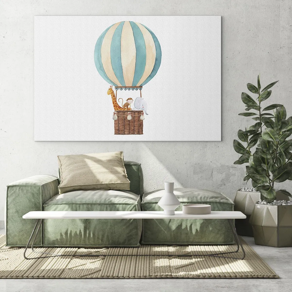 Impression sur verre - Image sur verre - Un ballon avec une girafe, un singe et un éléphant sur fond blanc - 70x50cm - Voyage fantastique - Décoration murale moderne pour le salon et la chambre ARTTOR