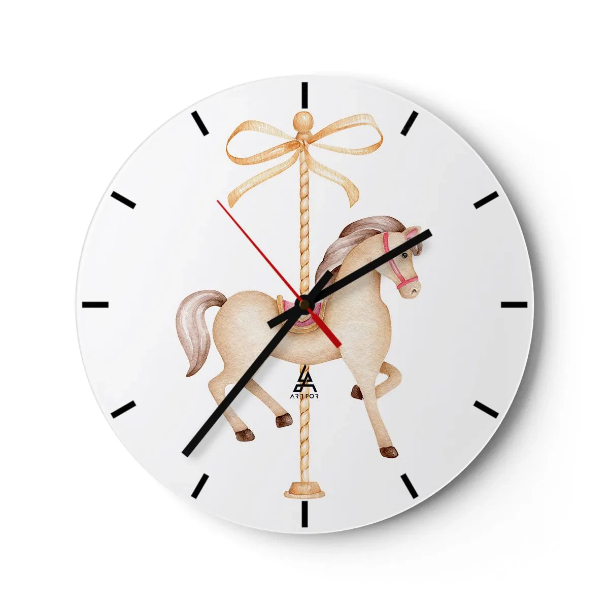Horloge murale - Pendule murale - Un cheval de carrousel marron clair sur un fond avec un nœud décoratif - 30x30cm - Un trot gracieux - Décoration murale moderne pour le salon, la cuisine et la chambre ARTTOR