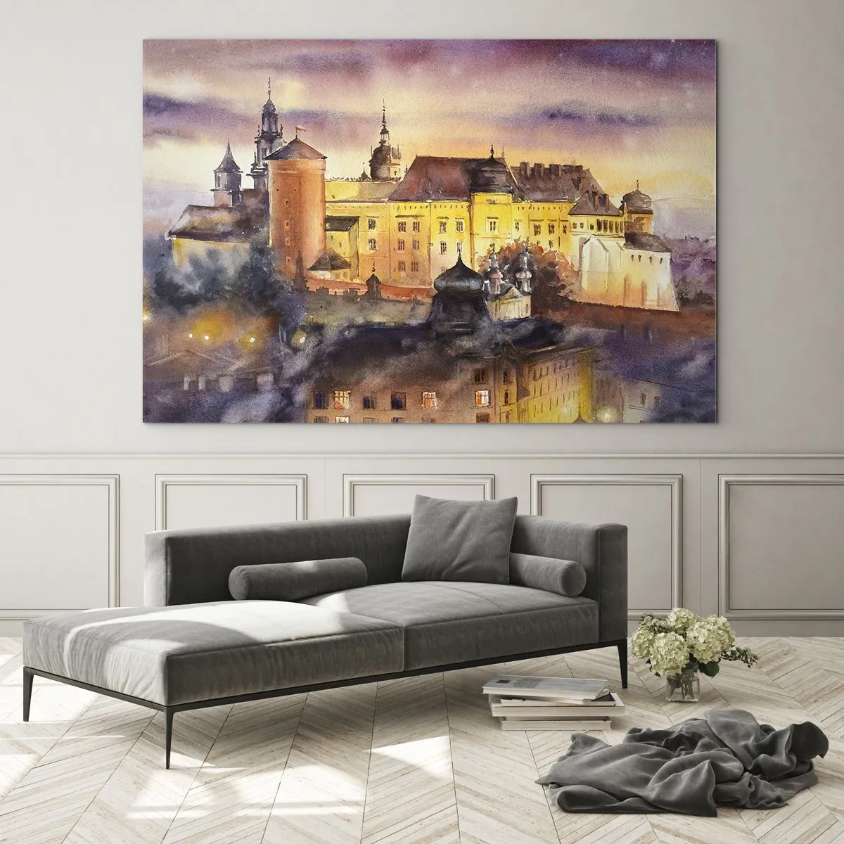Impression sur verre - Image sur verre - Illustration à l'aquarelle d'un château sur une colline au coucher du soleil - 70x50cm - Histoire et conte de fées - Décoration murale moderne pour le salon et la chambre ARTTOR