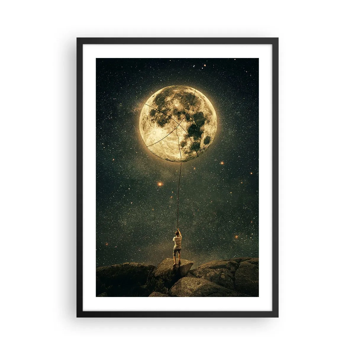 Affiche dans un cadre noir - Poster - Une figure tenant la lune sur une corde dans un paysage étoilé. - 50x70cm - Celui qui a volé la lune - Décoration murale moderne pour le salon et la chambre ARTTOR