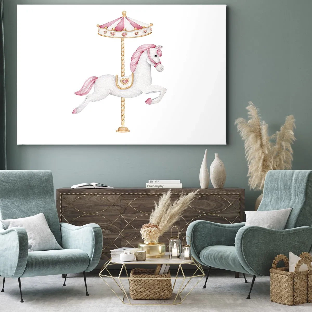 Impression sur toile - Image sur toile - Un cheval de carrousel aux tons pastel de rose - 70x50cm - Les sabots en avant - Décoration murale moderne pour le salon et la chambre ARTTOR