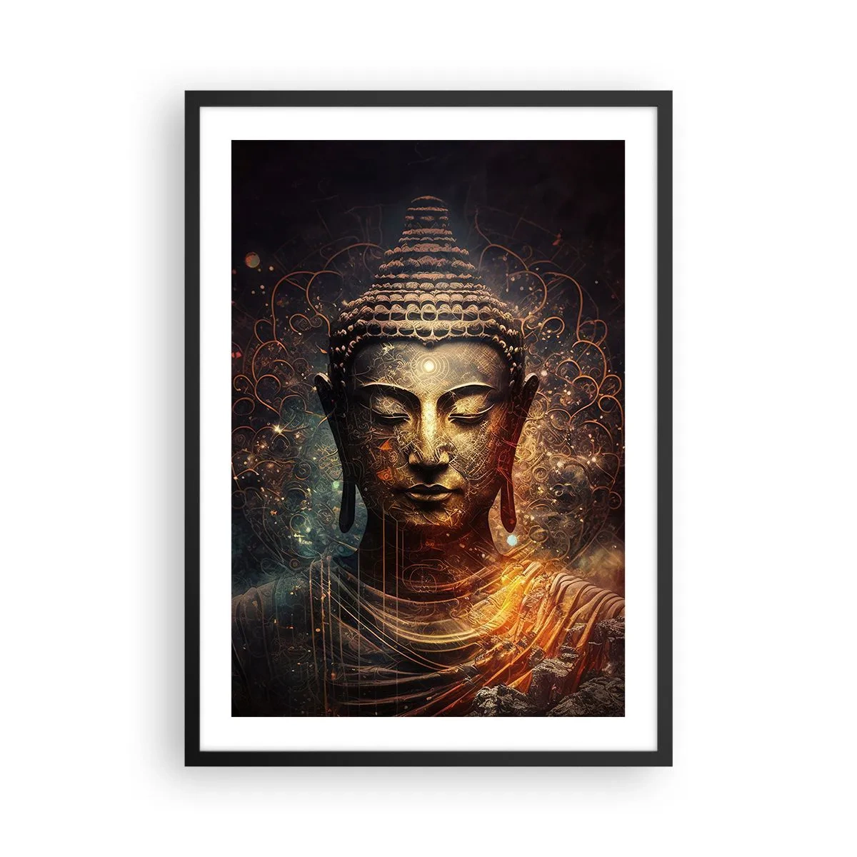 Affiche dans un cadre noir - Poster - Image mystique de Bouddha aux tons dorés - 50x70cm - Équilibre spirituel - Décoration murale moderne pour le salon et la chambre ARTTOR