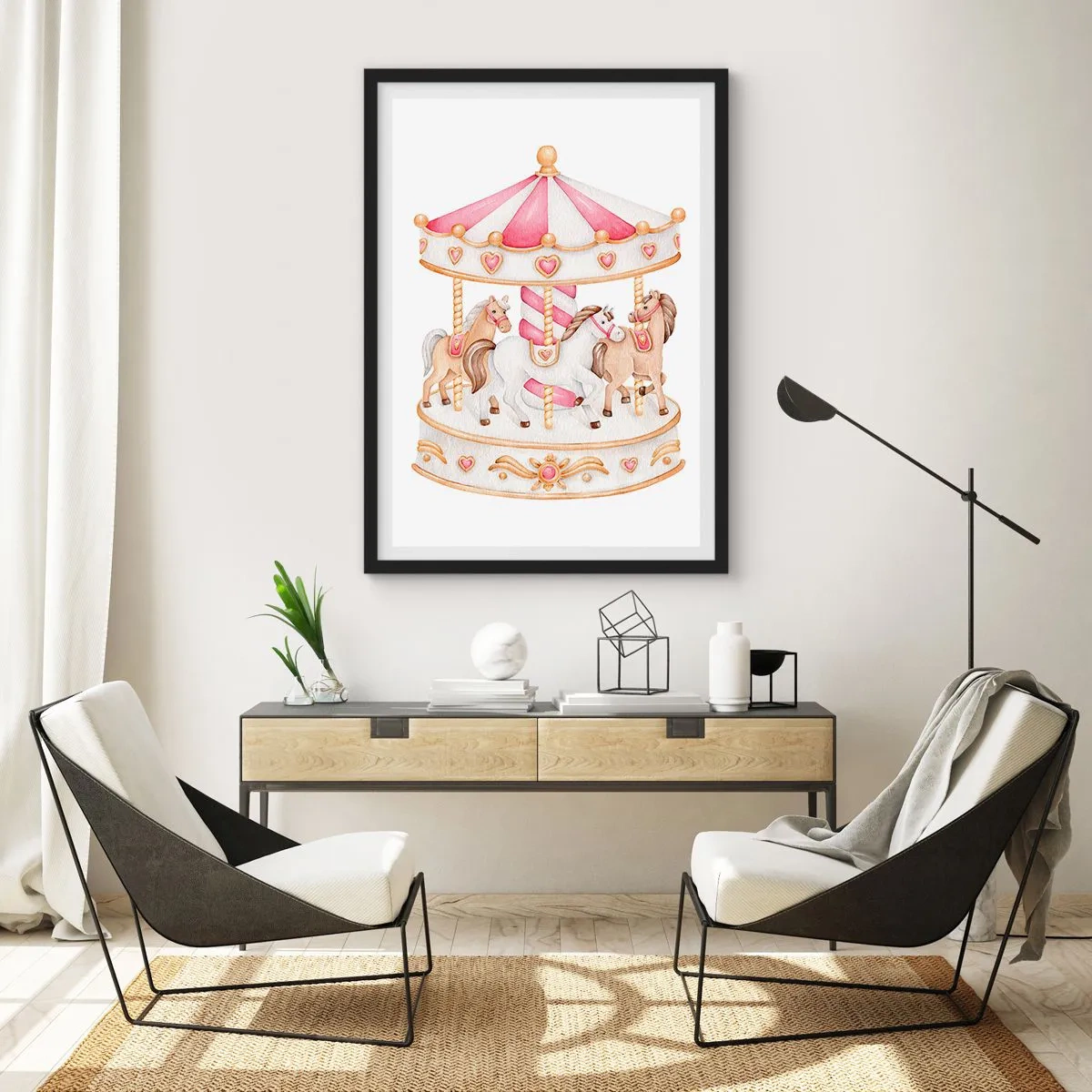 Affiche dans un cadre noir - Poster - Carrousel aquarelle dans des tons pastel de rose - 50x70cm - Le doux monde de l'enfance - Décoration murale moderne pour le salon et la chambre ARTTOR