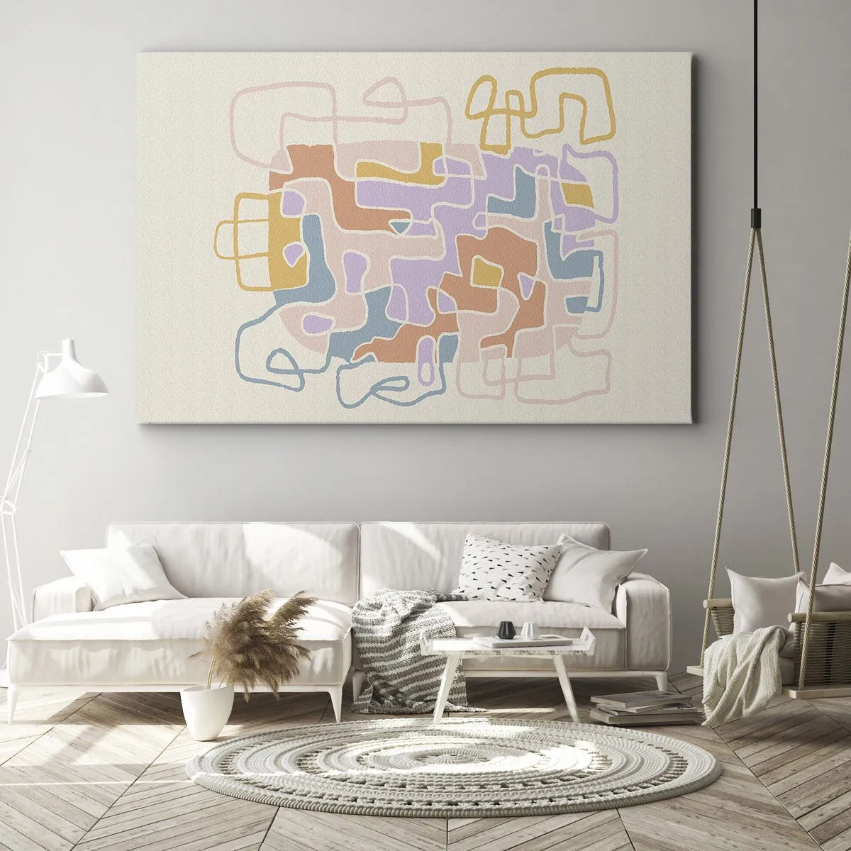 Impression sur toile - Image sur toile - Lignes abstraites pastel créant des motifs géométriques - 70x50cm - Labyrinthe – une aventure joyeuse - Décoration murale moderne pour le salon et la chambre ARTTOR